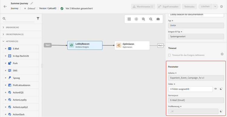 Felder für erweiterte Parameter in den Eigenschaften der Journey-Aktivität