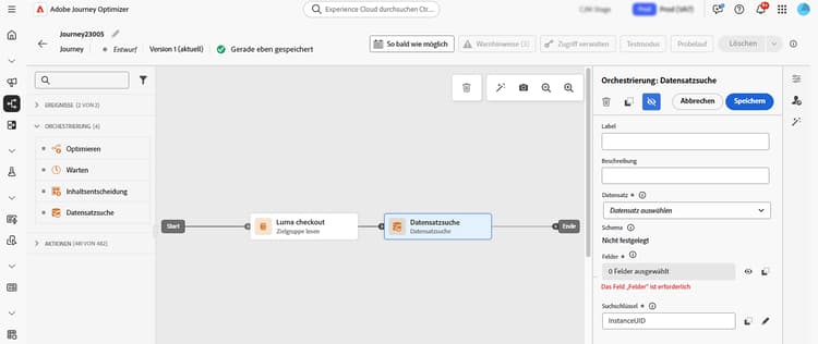 Suchaktivität für Adobe Experience Platform-Datensätze in Journey