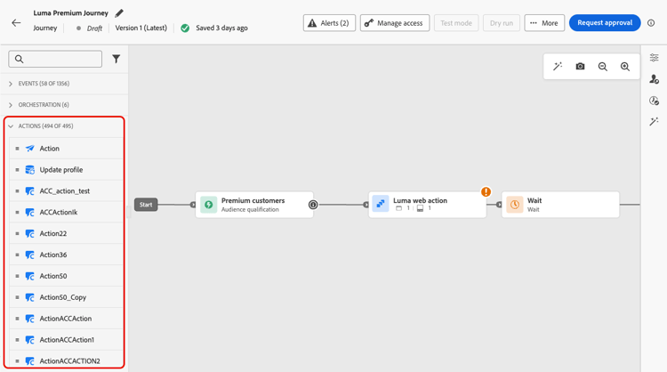 Palette „Aktionsaktivitäten“ im Journey-Designer