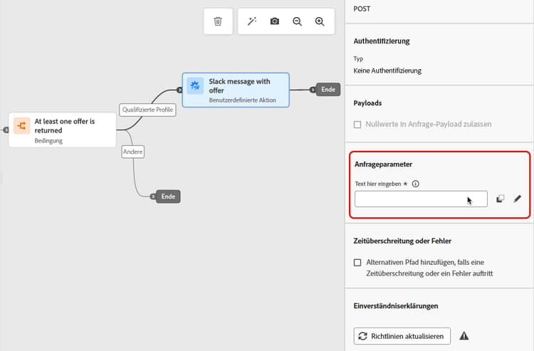 Bearbeiten der Anfrageparameter der benutzerdefinierten Aktion