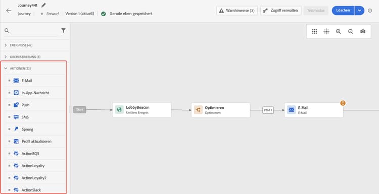 Palette „Aktionsaktivitäten“ im Journey-Designer