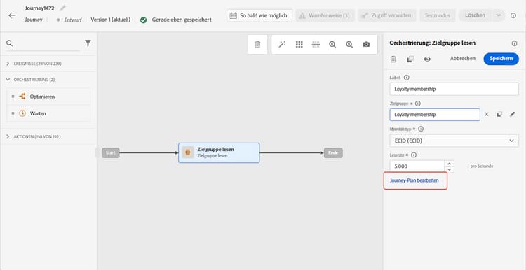 Schaltfläche zum Bearbeiten des Journey-Zeitplans in den Eigenschaften der Aktivität „Zielgruppe lesen“