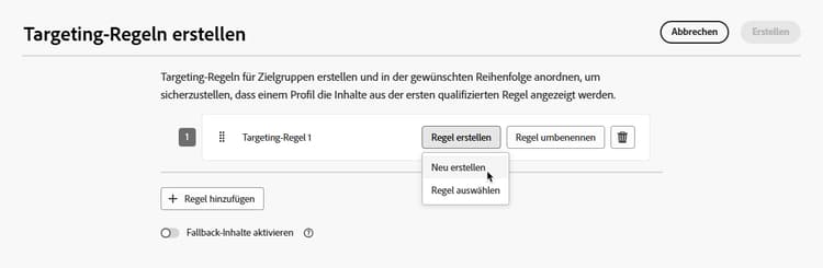 Benutzeroberfläche des Regel-Builders zum Erstellen von Targeting-Kriterien