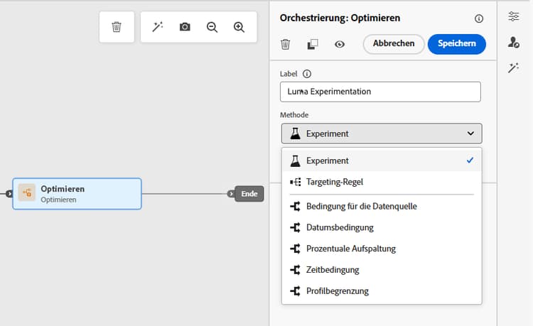 Bedienfeld für die Konfiguration von Pfadexperimenten