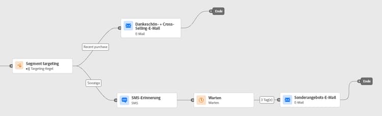 Targeting anhand des Kaufverlaufs mit Crosssell-Pfad für Käuferinnen und Käufer und Nurturing-Pfad für Nicht-Käuferinnen und -Käufer
