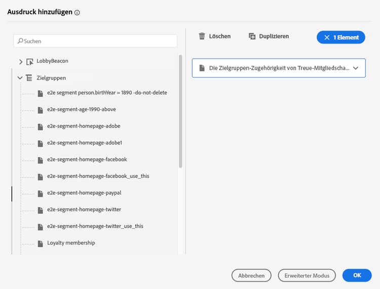 Zielgruppen-Knoten im Ausdruckseditor zur Auswahl Adobe Experience Platform Zielgruppen
