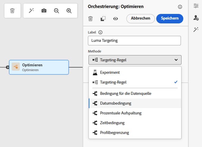 Auswahl von Targeting-Regeln in der Aktivität „Optimieren“