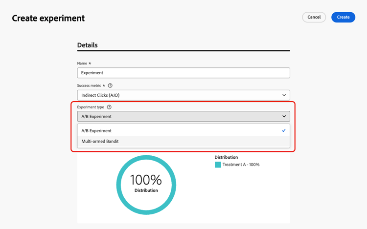 Dropdown-Liste Experimenttyp im Pfadexperiment
