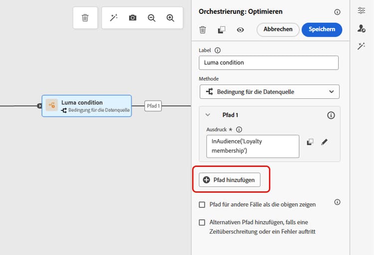 Schaltfläche „Pfad hinzufügen“ zum Einrichten verschiedener Bedingungspfade