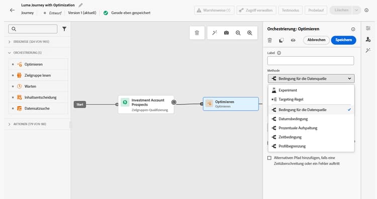 Schaltfläche „Optimieren“ in der Palette „Journey-Aktivität“