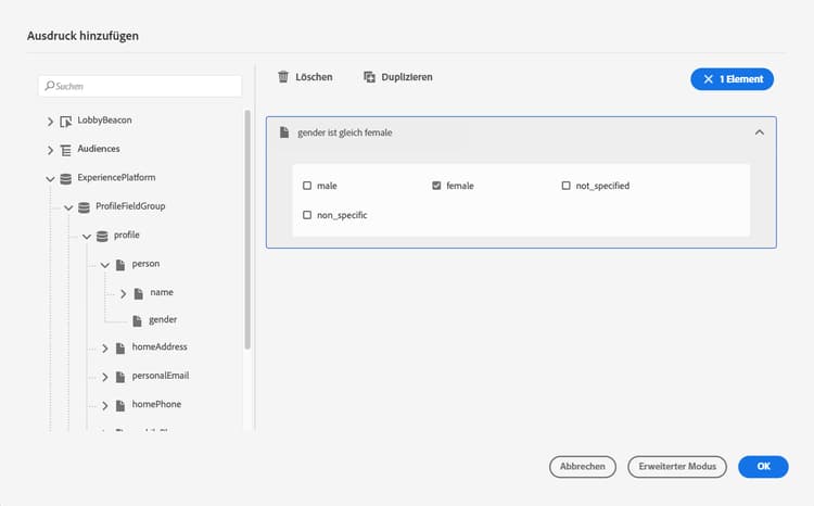 Datenquellenbedingung mit erweitertem Ausdruckseditor