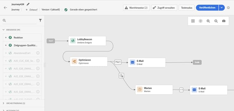 Eingefügte Aktivitäten auf der Journey-Arbeitsfläche, die verbunden werden können