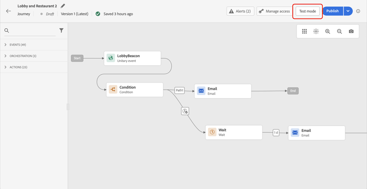Schaltfläche „Testmodus“ in der Journey-Oberfläche