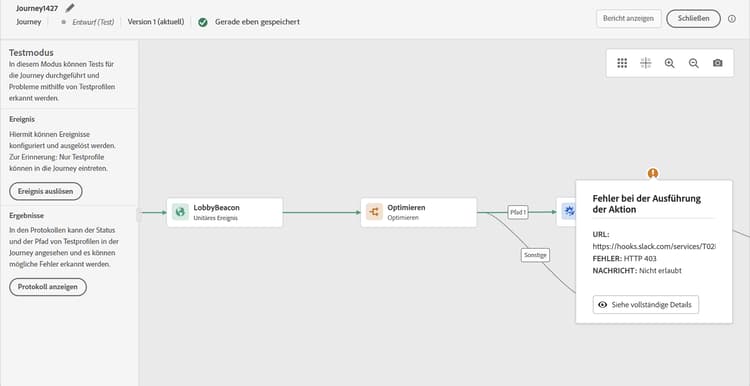 Visueller Fluss des Journey-Tests mit Anzeige des Profilfortschritts und etwaiger Fehler