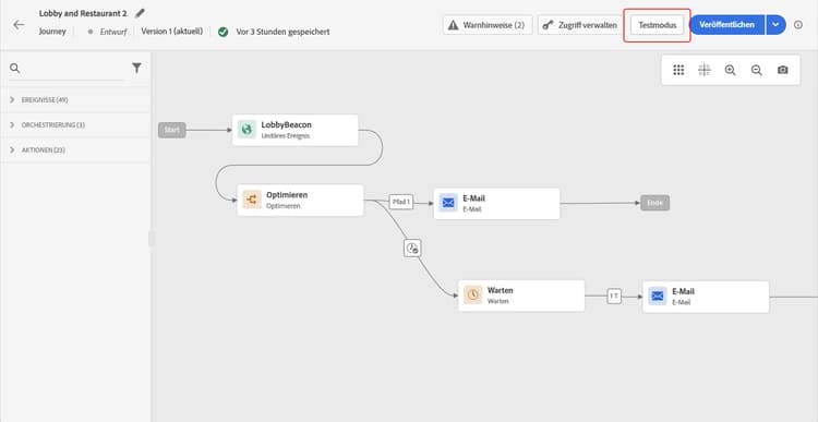 Schaltfläche „Testmodus“ in der Journey-Oberfläche