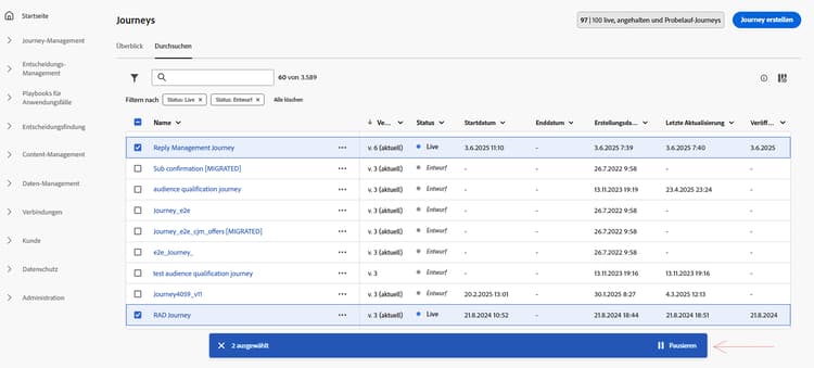 Massenpause von zwei Live-Journeys über die untere Leiste