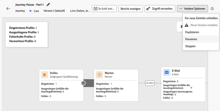 Schaltfläche zum Pausieren der Journey