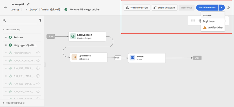 Schaltflächen für Journey-Aktionen: „Veröffentlichen“, „Duplizieren“, „Löschen“, „Testmodus“, „Zugriff verwalten“, „Warnhinweise“