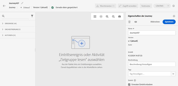 Panel „Journey-Eigenschaften“ mit Einstellungen und Konfigurationsoptionen