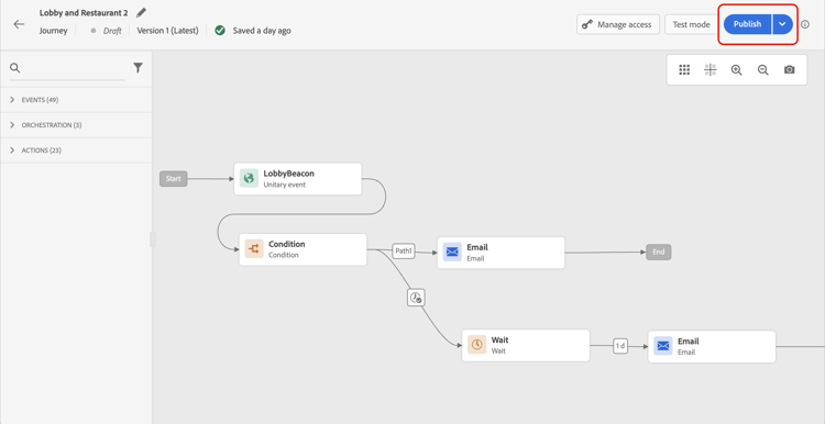 Schaltfläche „Veröffentlichen“ in der Journey-Symbolleiste zum Aktivieren der Journey