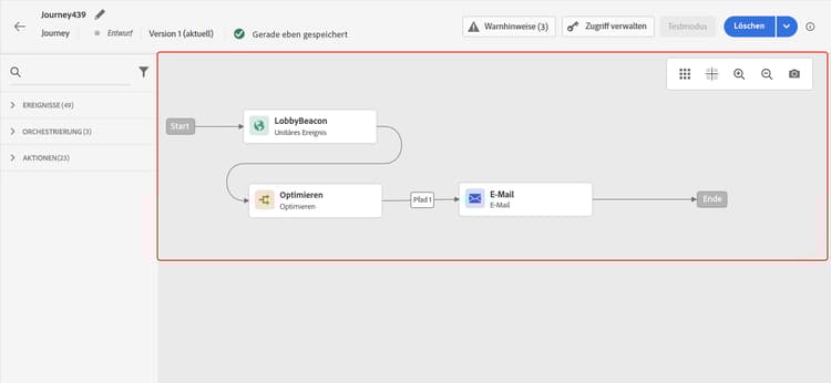 Journey-Arbeitsfläche mit geöffnetem Konfigurationsbereich für Aktivitäten auf der rechten Seite
