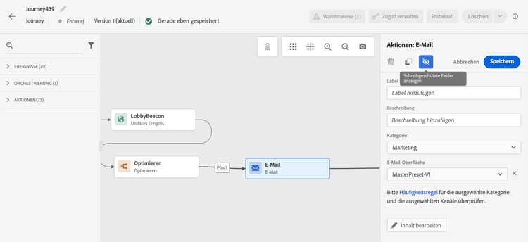 Konfigurationsbereich für Aktivitäten mit der Option „Schreibgeschützte Felder anzeigen“