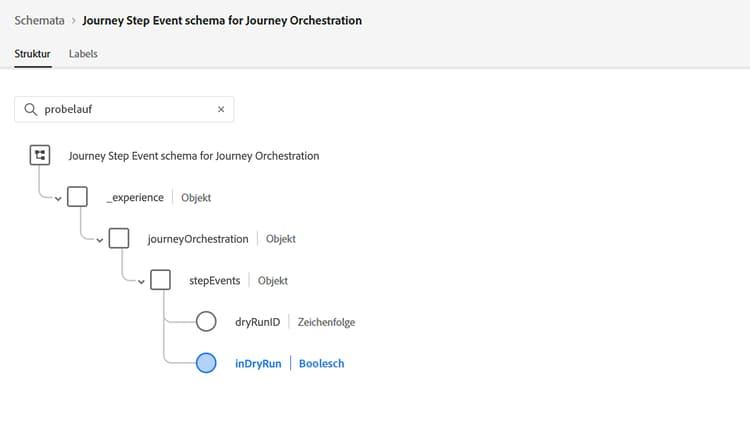 Schemaattribute eines Journey-Probelaufs