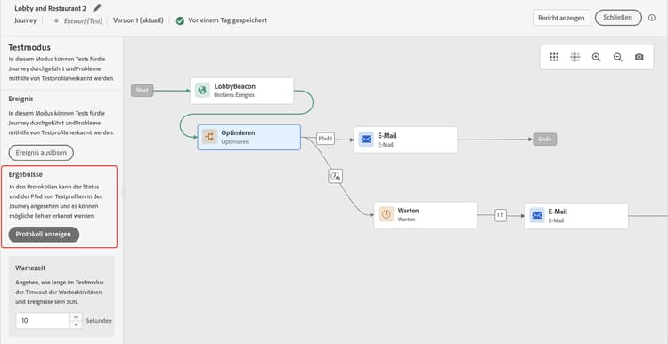 Schaltfläche „Protokoll anzeigen“ zum Anzeigen von Testergebnissen