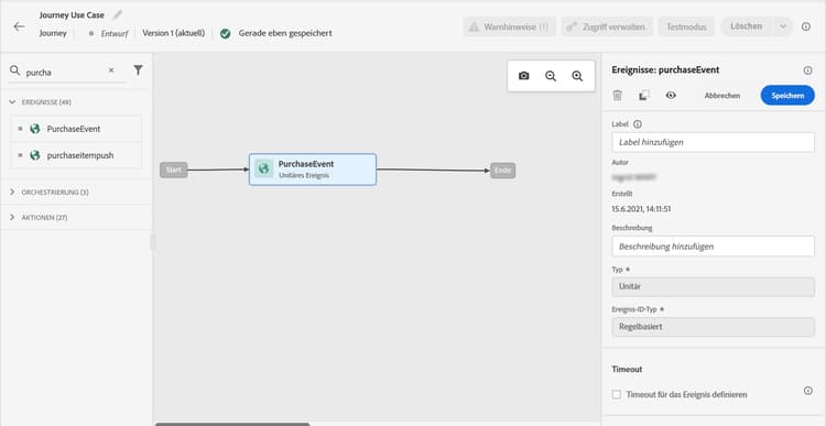 Journey-Arbeitsfläche mit konfiguriertem Ereignis und konfigurierter Campaign-Aktion