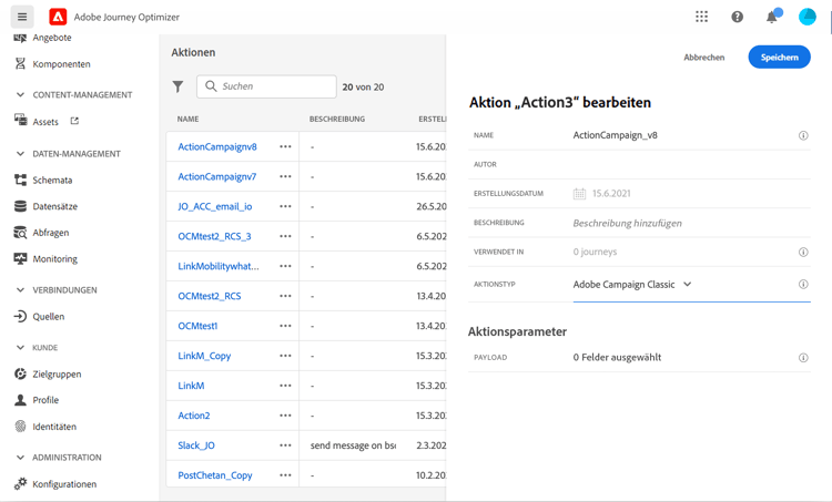 Auswahl des Aktionstyps mit Adobe Campaign Option Classic
