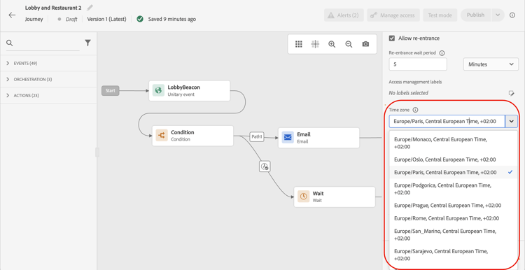 Dropdown-Liste zur Zeitzonenauswahl in Journey-Eigenschaften
