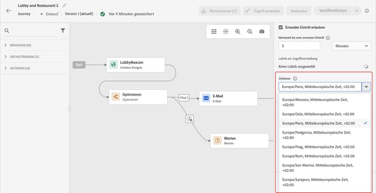 Dropdown-Liste zur Zeitzonenauswahl in Journey-Eigenschaften