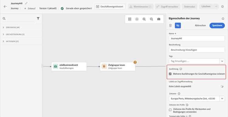Verwaltungsoptionen für Geschäftsereigniseintritte in der Journey-Konfiguration