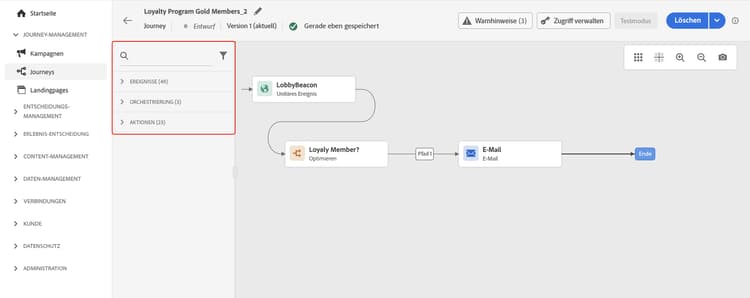 Benutzeroberfläche des Journey-Designers mit Palette, Arbeitsfläche und Eigenschaftenbereich