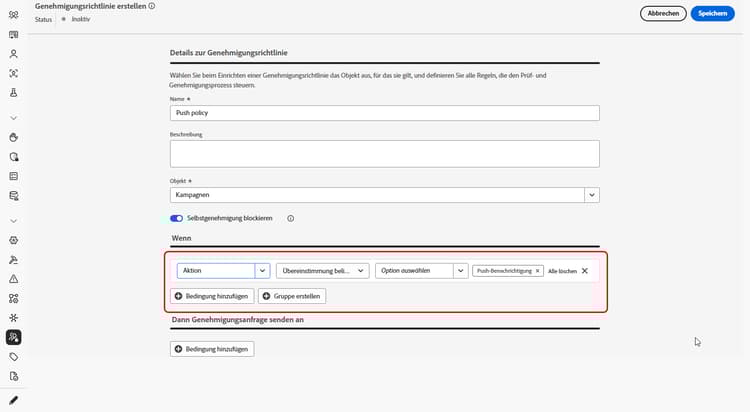 Benutzeroberfläche des Builders für Genehmigungsrichtlinien