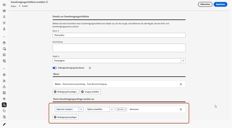 Oberfläche zur Auswahl der Validierungsanfrage für Empfänger