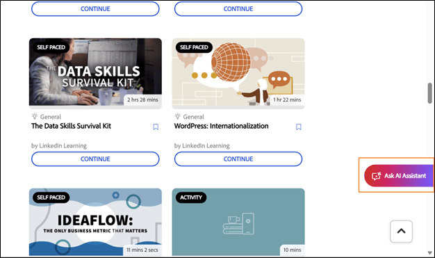 Teilnehmer-Startseite zeigt AI-Assistenten bitten, das Bedienfeld AI-Assistenten für Teilnehmer auszuwählen und zu öffnen