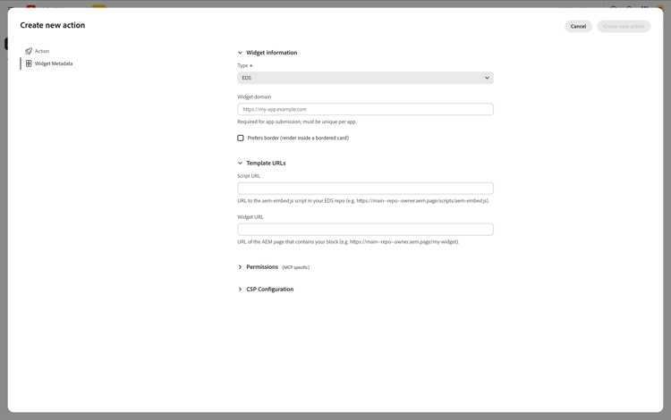 Aktion erstellen — Widget-Metadaten