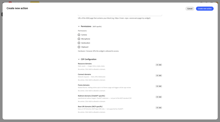 Aktion erstellen - Berechtigungen und CSP