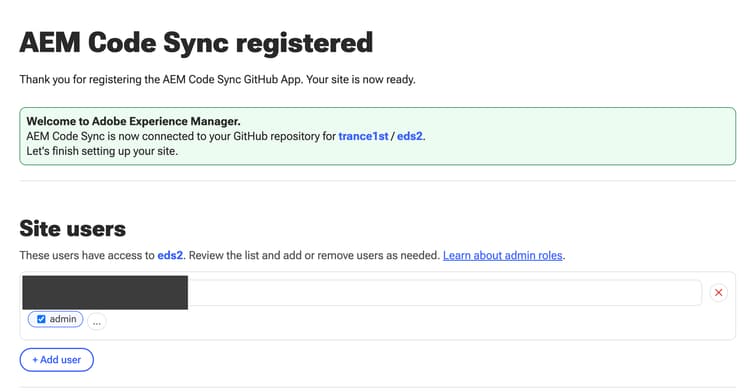 AEM Code Sync registriert — Fügen Sie sich als Site-Benutzer mit der Administratorrolle hinzu