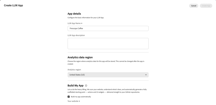 LLM-App erstellen — App-Details und „Meine App erstellen“ aktiviert