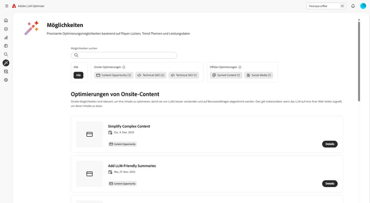 Dashboard „Möglichkeiten“