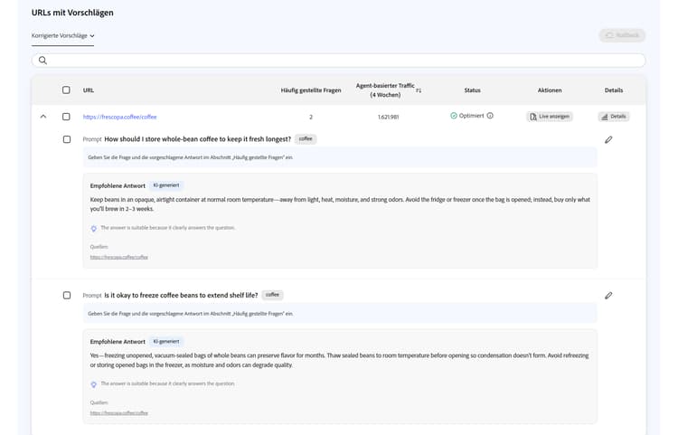 Es wurden Vorschläge mit dem Status „Optimiert“, „Live anzeigen“ und „Rollback“ korrigiert