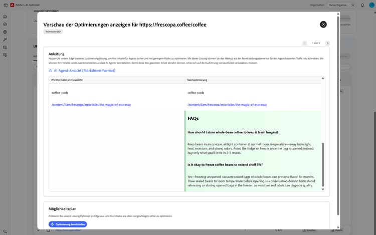 Optimierungsvorschau beim Vergleich der aktuellen Agentenansicht mit der Agentenansicht nach der Optimierung mit häufig gestellten Fragen