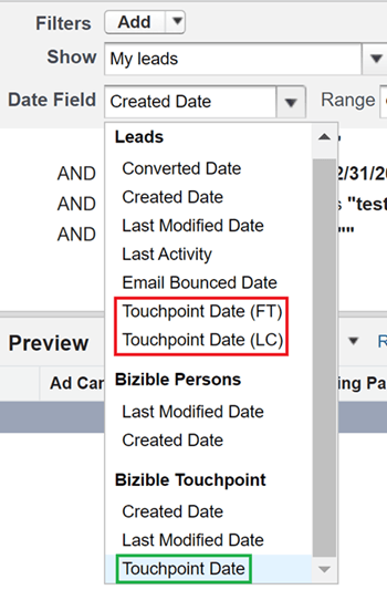 Der Filter Touchpoint-Position und alle Filter, die die FT/LC-Felder verwenden,