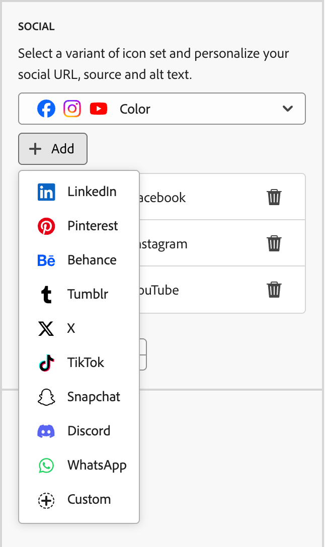 Klicken Sie auf + , um den Social-Media-Typ hinzuzufügen