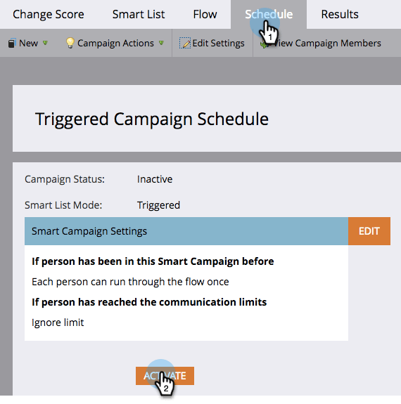Aktivieren einer TriggerSmartKampagne Registerkarte "Planung