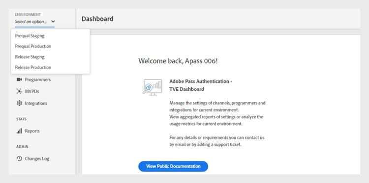 TVE Dashboard Environments Dropdown
