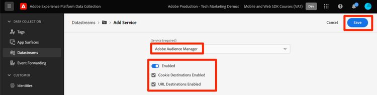 Bestätigen Sie die Audience Manager-Datastream-Einstellungen und speichern Sie