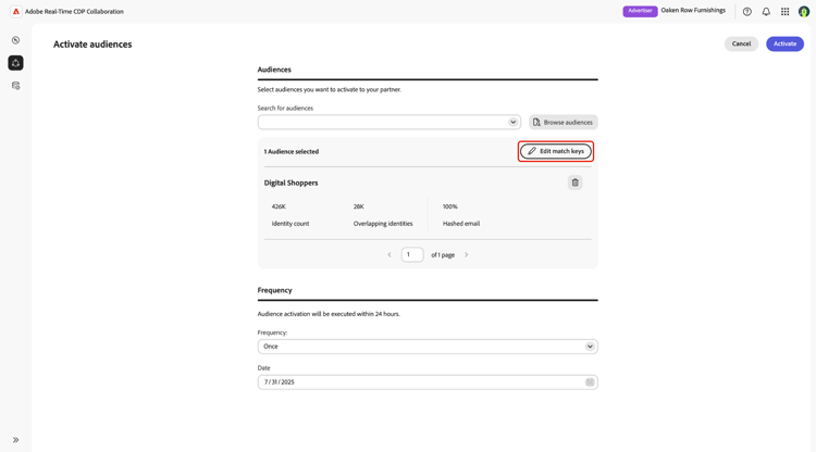 Der Zielgruppen-Aktivierungs-Workflow mit der hervorgehobenen Option „Übereinstimmungsschlüssel bearbeiten“.